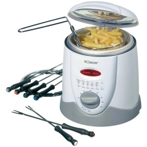 Bomann FFR 1290 Friggitrice per fonduta con accessori: cestello per friggere, forchette per fonduta e paraspruzzi.