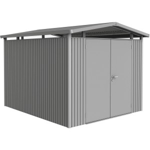 Abri de jardin métallique Biohort Panorama, gris quartz, 7,6 m², avec double porte. Idéal pour le rangement dans le jardin.