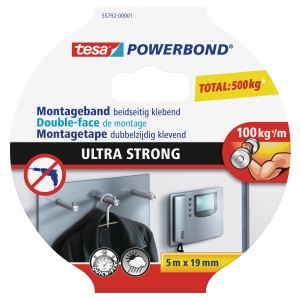 Ruban de montage Tesa Powerbond Ultra Strong, 5m x 19mm, adhésif double face pour intérieur et extérieur.