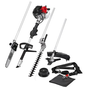 Kit d'entretien de jardin à essence 4 en 1 Scheppach : élagueuse, taille-haie, débroussailleuse et coupe-bordures.