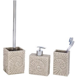 Ensemble WC Wenko Fossil Beige en polyrésine avec brosse WC et gobelet à brosses à dents.