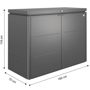 Biohort HighBoard 160 coffre de jardin, gris foncé métallisé, avec dimensions. Boîte universelle idéale pour outils de jardin.