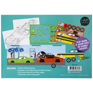I Am Creative Stick-and-Play-Buch Cars A5 mit Auto-Motiven und wiederverwendbaren Stickern.