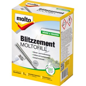 Verpackung Molto Blitzzement Moltofill, ein graues Aussen- und Innen-Spachtelpulver für Wände und Mauern.