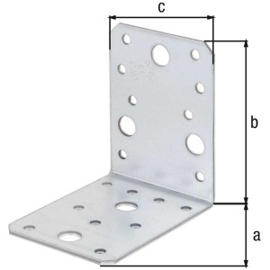 Staffa angolare in acciaio zincato, 90x65x90 mm, con fori per viti, per giunzioni in legno.