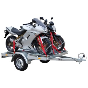 Remorque moto Stema Classic MT 750 BS 2 avec deux motos, fixées par des sangles rouges.