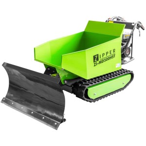 Mini dumper à chenilles Zipper ZI-MD500HST avec lame à neige, une machine de chantier pour terrains difficiles.