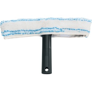 Raclette à vitre avec housse microfibre et manche gris pour un nettoyage sans traces.