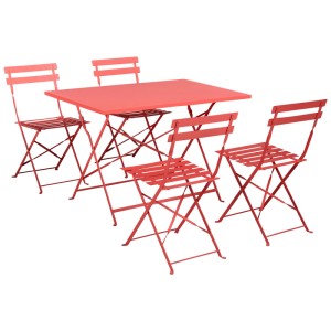 Salon de jardin Beliani Fiori rouge en acier avec table pliable et quatre chaises pour 4 personnes.