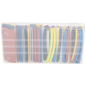 Scatola di tubi termoretraibili con diverse dimensioni e colori, assortiti in una scatola trasparente.