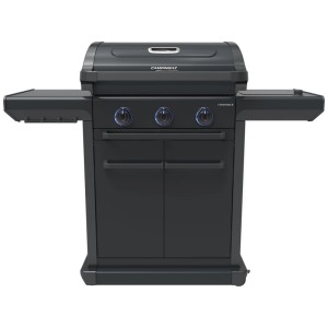 Barbecue a gas Campingaz 3 Series Onyx S, grill nero con tre bruciatori e tavolini laterali.