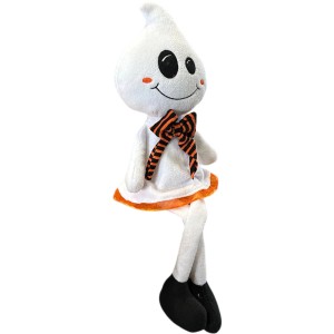 Spettro di Halloween bianco da appoggio (altezza 53 cm) con papillon arancione e nero come figura decorativa.