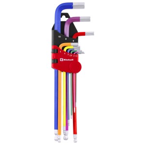 Jeu de 9 clés Allen Einhell avec revêtement couleur dans un support pliant.