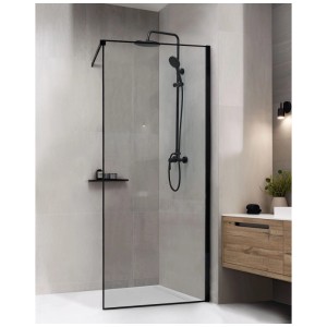 Paroi de douche Beliani Waspam, verre transparent, profils noirs, pare-éclaboussures en douche à l'italienne. 190x80 cm.