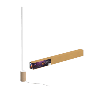 Philips Hue Signe Stehleuchte mit Farbverlauf, Holzoptik und Verpackung.