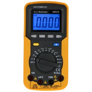 Multimetro digitale giallo EM5510B con display LCD per tensione, corrente, resistenza e temperatura.