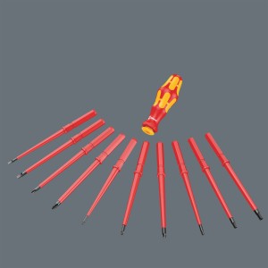 Jeu d'outils Wera W 1 Kraftform Kompakt, 10 tournevis rouges et 1 manche rouge et jaune.