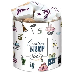 Stempelset Birthday 2 mit 35 Stempeln und Kissen im Behälter für Geburtstagskarten und Scrapbooking.