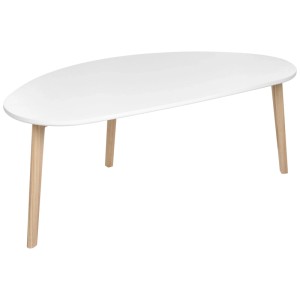 Table basse Beliani Fly avec plateau MDF blanc incurvé et pieds en pin clair.