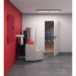 Porte coupe-feu Hörmann EI30 ouverte, gris-blanc, dans un atelier avec chauffage et vélo en arrière-plan.