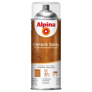 Spray de vernis transparent Alpina, finition satinée, 400ml. Protège meubles et surfaces.