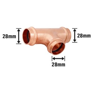 Kupfer Press-T-Stück, 28 mm Durchmesser, für Rohrsysteme in Heizung, Solar und Sanitär.