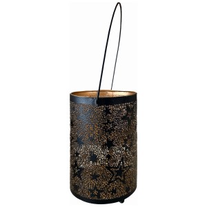 Schwarzes Metall Windlicht mit goldenen Sternen, 16 cm hoch.