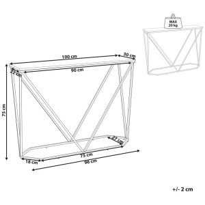 Schéma de la console Hazen en blanc/doré avec dimensions (75x100x30 cm).