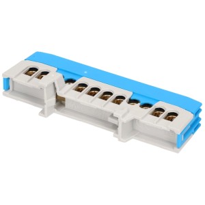 Morsettiera blu per conduttore neutro a 12 poli in PA 6 senza alogeni con corpo di serraggio in ottone per connessioni sicure.