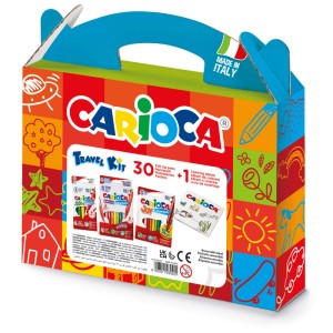 Set de voyage Carioca, 31 pièces avec livre de coloriage et feutres dans une boîte colorée.