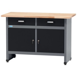 Établi Küpper modèle 12050 avec plateau en hêtre, 2 tiroirs et 2 portes, noir et gris clair.