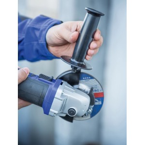 LUX Akku-Winkelschleifer AWS-20Li /115 mit montierter Schleifscheibe und Handgriff.