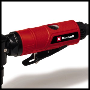 Smerigliatrice angolare pneumatica Einhell TC-PA 50, rosso/nero, con impugnatura morbida e accessori per compressori.