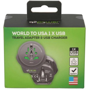 Q2 Power Welt-Adapter USA mit USB-A, Reiseadapter in OVP. Adapter für USA-Steckdosen.