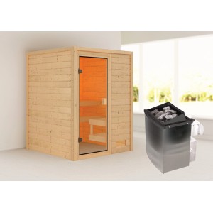 Sauna Woodfeeling Sandra con stufa e porta in vetro. Sauna in legno massello per ore di relax.