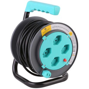 Enrouleur de câble turquoise et noir avec 4 prises T13 et câble de 15 m.