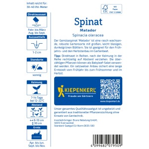 Sachet de graines d'épinards Kiepenkerl Matador : Épinards résistants pour le printemps et l'automne.