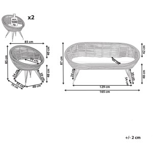 Schizzo: Set divano da giardino Beliani Maratea, 4 posti, rattan, colori naturali, con dimensioni.