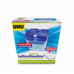 Déshumidificateur UHU pack original avec sachet de recharge 450g. Élimine l'excès d'humidité dans les pièces.