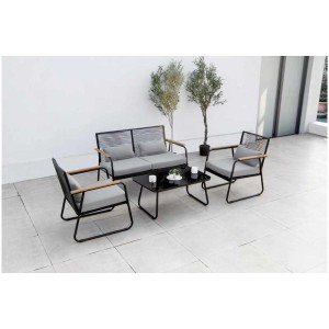 Set lounge Acamp Paxos 4 pezzi con divano, poltrone e tavolo con piano in vetro. Set mobili da giardino nero e grigio.
