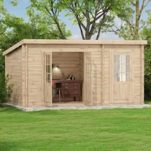 Abri de jardin en bois Alpholz Maria-28 non traité avec double porte et extension dans le jardin.