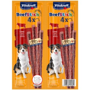 Vitakraft Beef Stick Original Manzo, 4 pezzi. Snack per cani con alto contenuto di carne in confezione gialla.