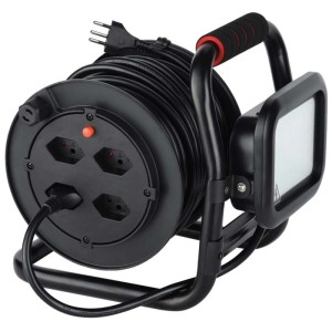Enrouleur de câble noir Schönenberger avec projecteur LED, 4 prises et câble de 15 m.