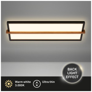 Plafonnier LED rectangulaire Briloner avec décor bois, 22W, lumière blanc chaud.