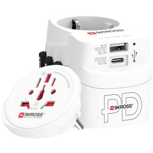 Skross® Reiseadapter Pro Light USB AC30PD World, weiß, mit USB-A und USB-C Anschluss.
