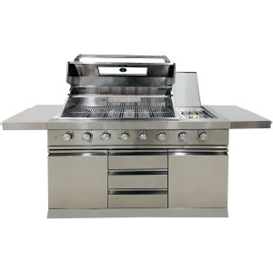 Cuisine d'extérieur Buschbeck Bristol en acier inoxydable avec grill à gaz, brûleur latéral et rangement.