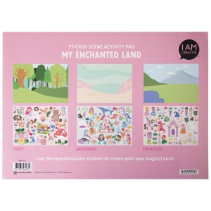 I Am Creative Bloc d'activités Mon royaume enchanté A3 avec des scènes et des autocollants de fées, de sirènes et de princesses.