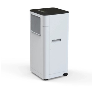 Condizionatore mobile Kibernetik KL90 bianco con parte superiore nera e ruote.