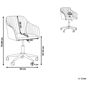 Schizzo di sedia da ufficio Venice in velluto beige con dimensioni. Arredo ufficio con braccioli e ruote.