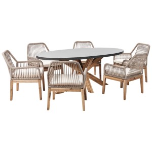 Salon de jardin Beliani Oristano: table ovale en fibrociment gris clair, 6 chaises tressées en bois d'acacia avec coussins.